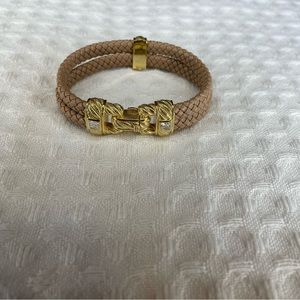 Judith Ripka tan leather braided bracelet 925 CZ stones clasp closure